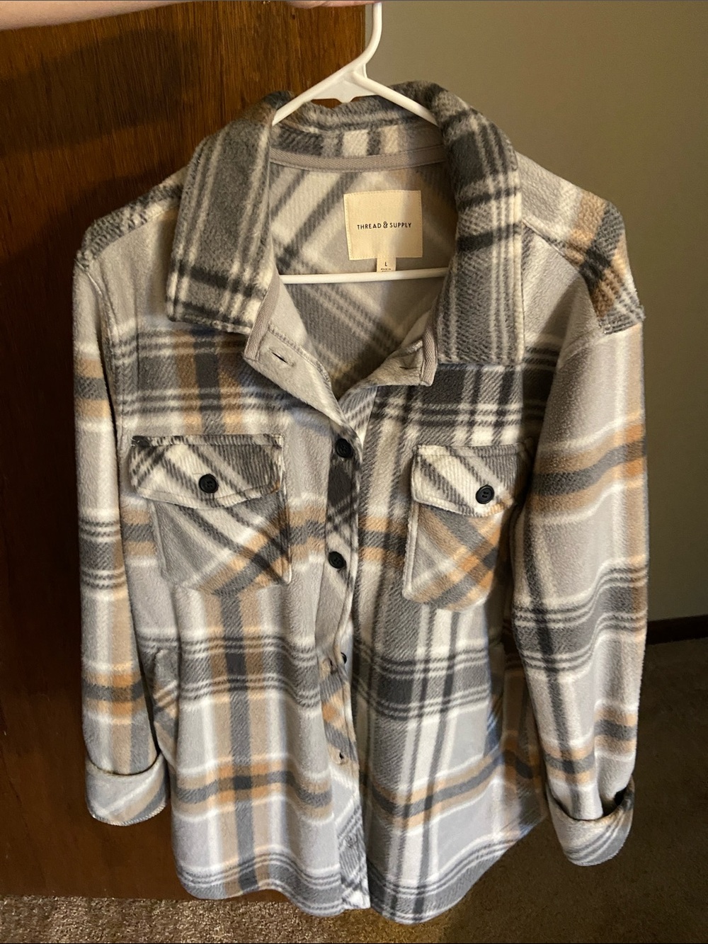 Thread & Supply Gray Plaid Flannel Shacket with Tan Accents